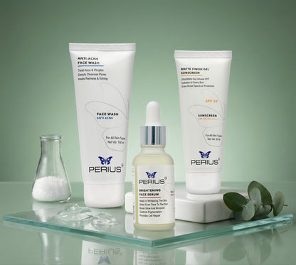 Perius skincare products including face wash, serum, and sunscreen on a glass shelf with a green background.