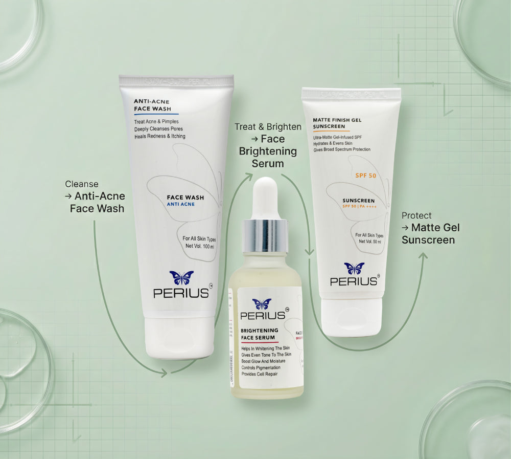 Perius skincare products including face wash, serum, and gel on a light green background