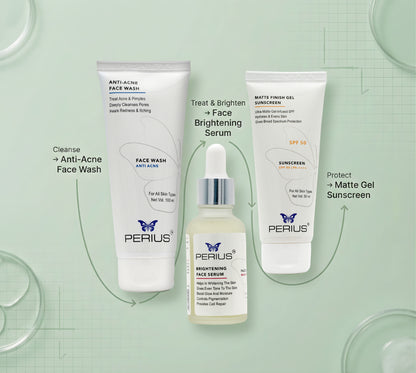 Perius skincare products including face wash, serum, and gel on a light green background