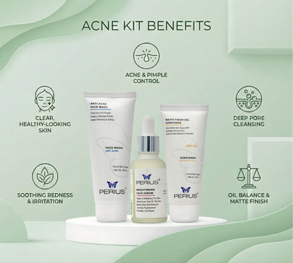 Perius acne kit with products and benefits on a green background