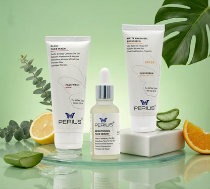 Perius skincare products on a green background with natural elements