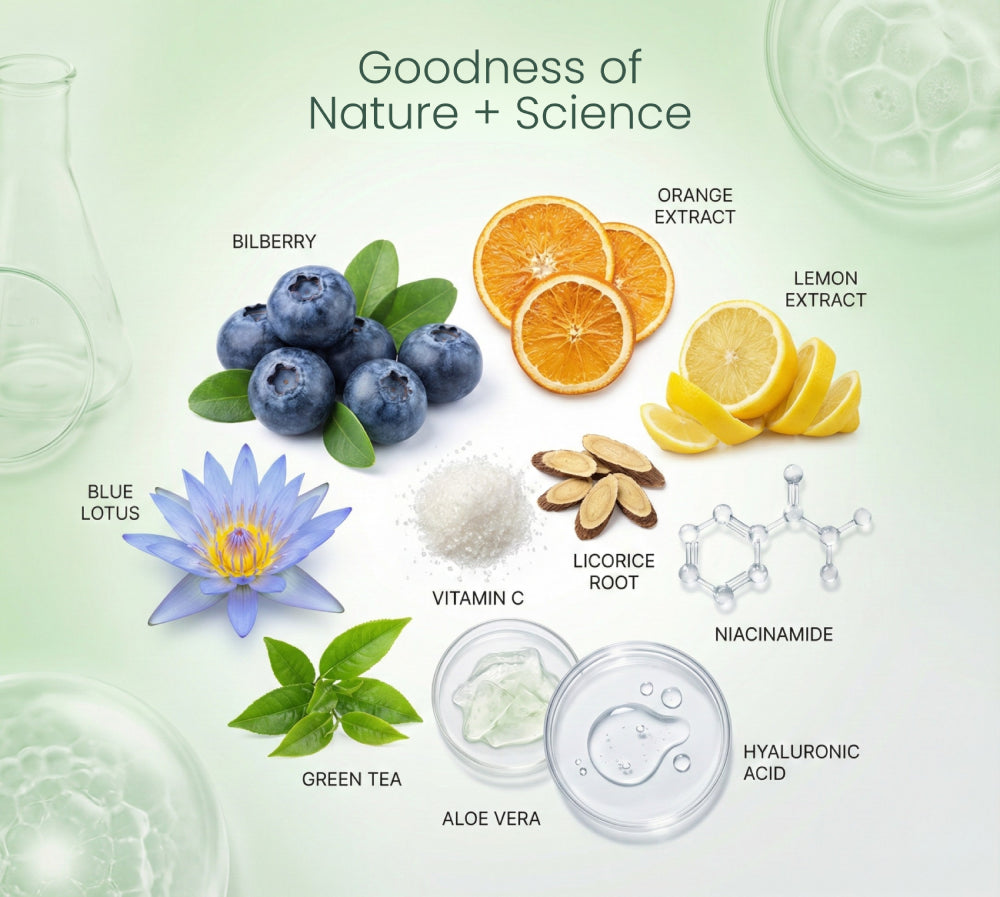 Illustration of natural ingredients and their names on a light green background