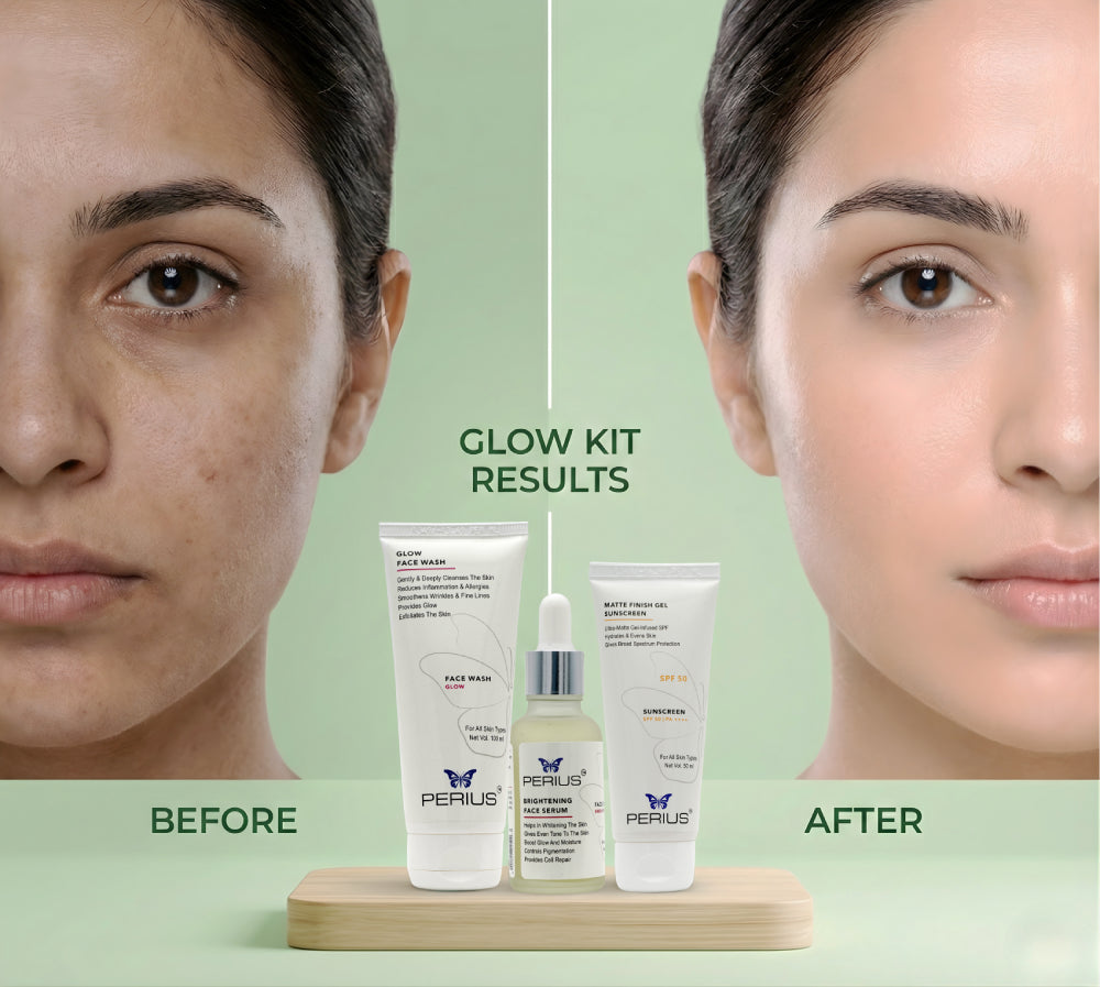 Before and after comparison of a woman's face with Perlus skincare products on a green background.