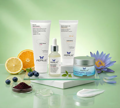 Perius skincare products with fruits and a flower.