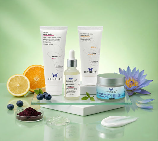 Perius skincare products with fruits and a flower.