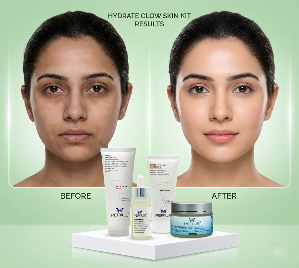 Before and after comparison of a woman's face with a skincare product set