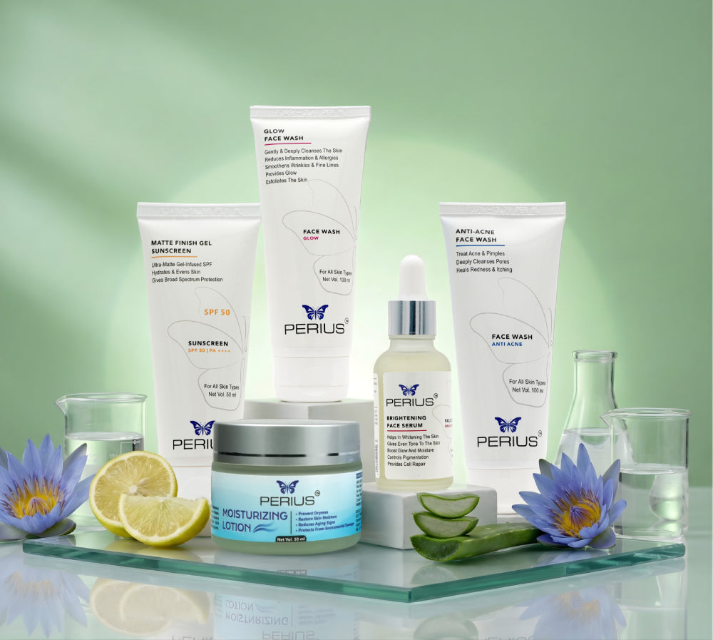 Perius skincare products on a green background with flowers and lemons.