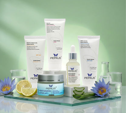 Perius skincare products on a green background with flowers and lemons.